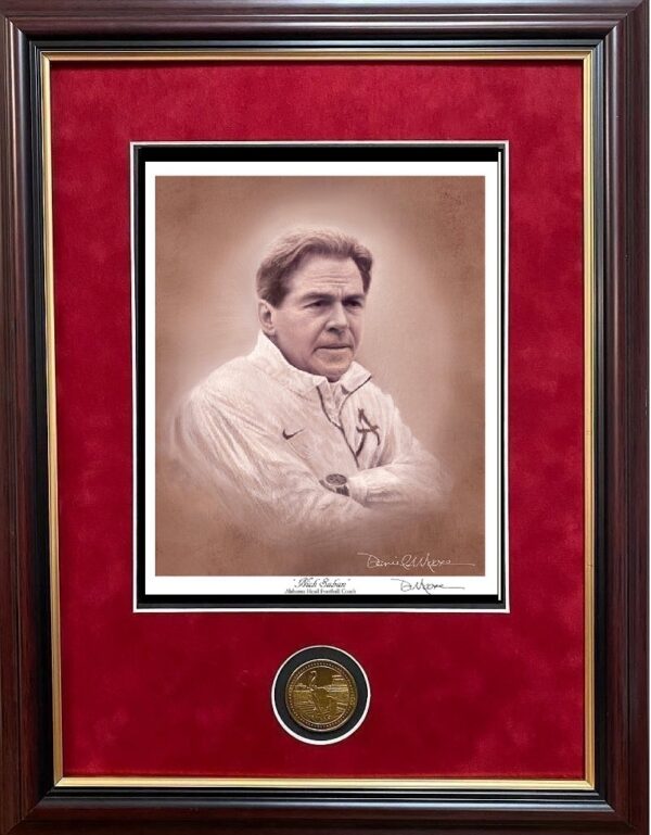 Coach Nick Saban Portrait by D Moore framed with coin