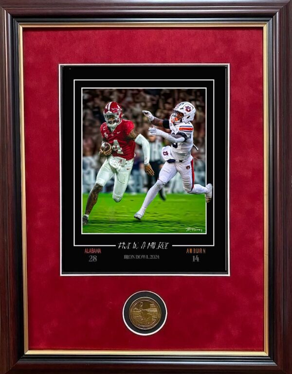 Five in a Milroe 2024 Iron Bowl framed print with coin